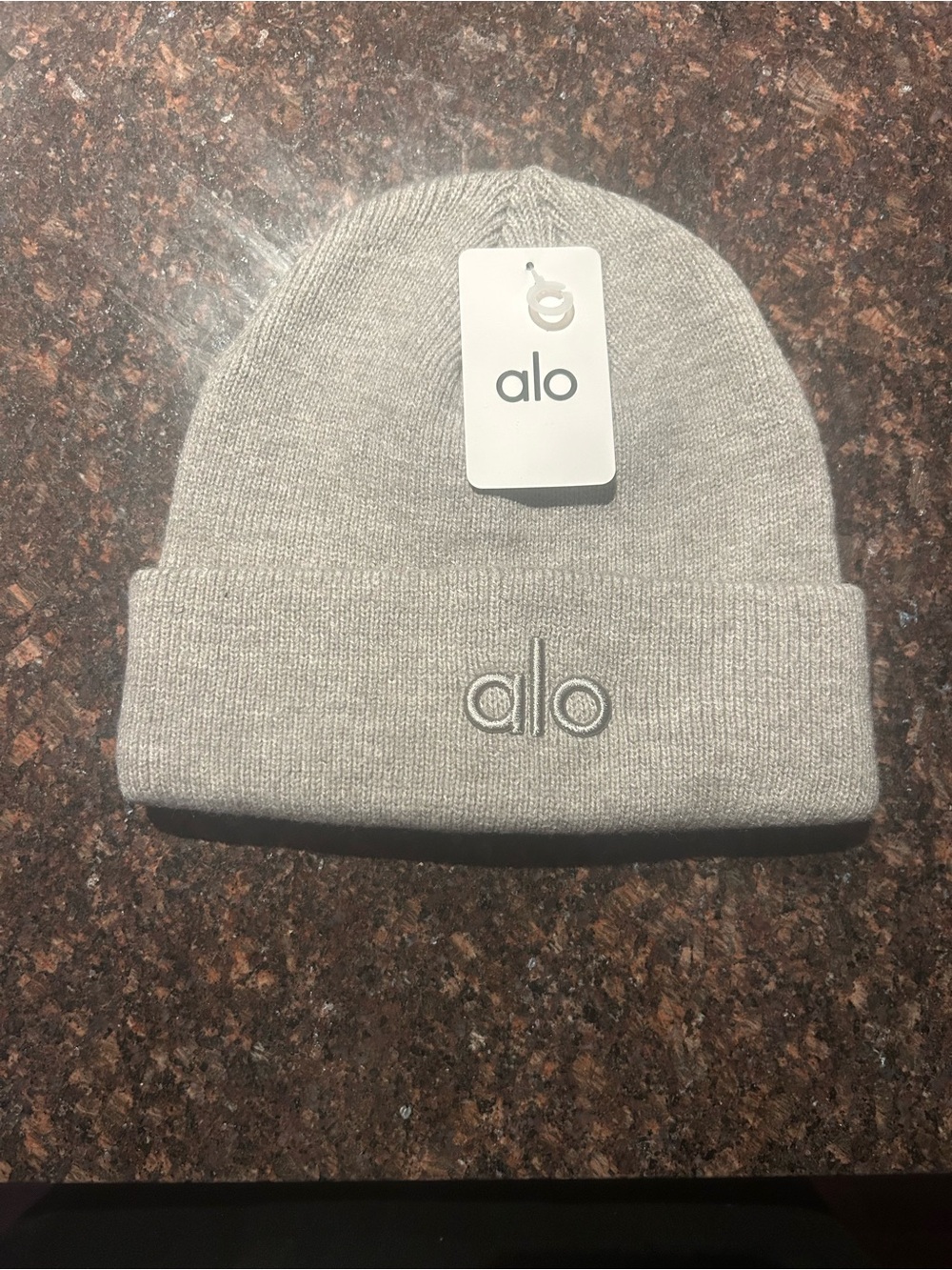 ALO Yoga Grey Knit Cuffed Beanie with Embroidered Logo